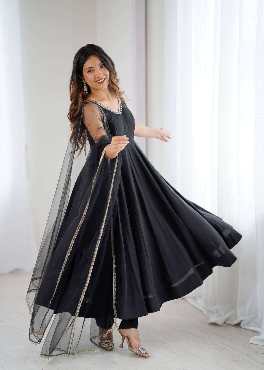 Womens Pure Romansilk Chanderi Anarkali Kurti with Pant & Dupatta Set
